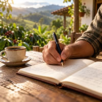 Una mano escribe en un cuaderno junto a una taza de café para el blog cafetero de Café Resplandor Colombia en Bogotá, Colombia