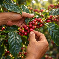 Manos que cosechan cerezas maduras de café en una rama de cafeto, reflejo del origen santandereano de Café Resplandor Colombia en Bogotá, Colombia