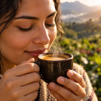 Mujer disfrutando el aroma de una taza de café colombiano de Café Resplandor Colombia en Bogotá, Colombia