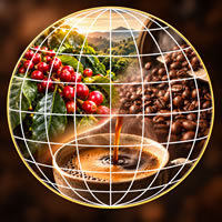 Cerezas, granos tostados y una taza de café dentro de un globo con meridianos blancos que representa el mundo cafetero de Café Resplandor Colombia