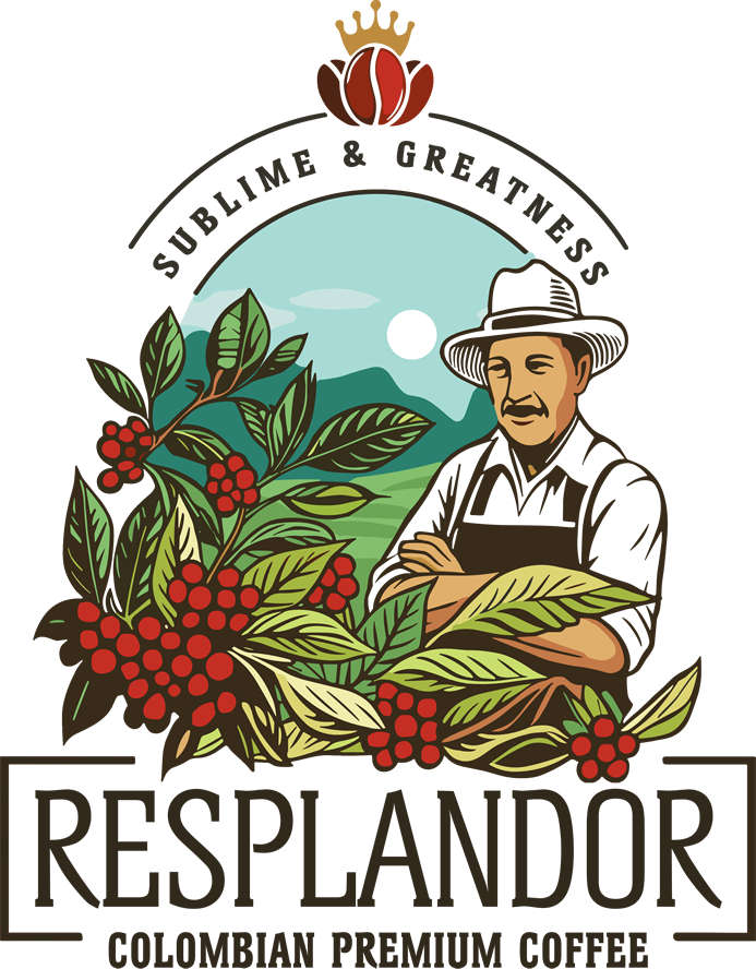 Logo completo de Café Resplandor Colombia con caficultor, cafetos y cerezas de café