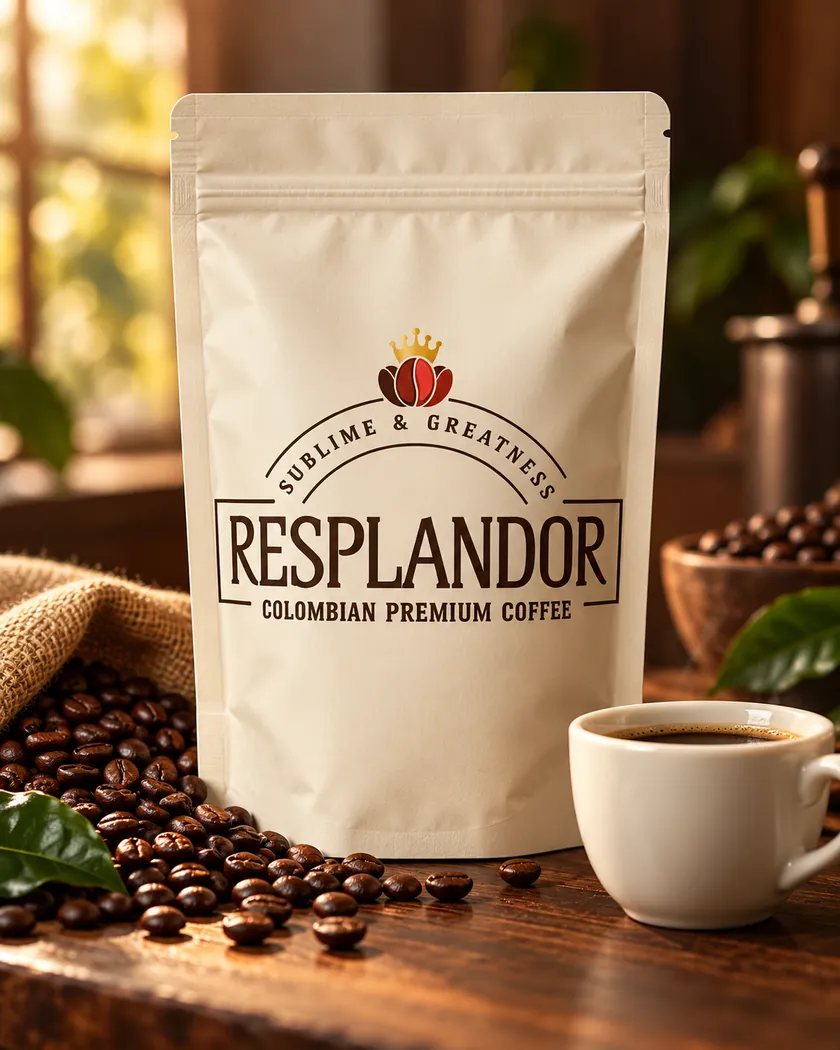 Imagen ilustrativa de una bolsa de Café Resplandor Colombia junto a una taza de café y granos tostados
