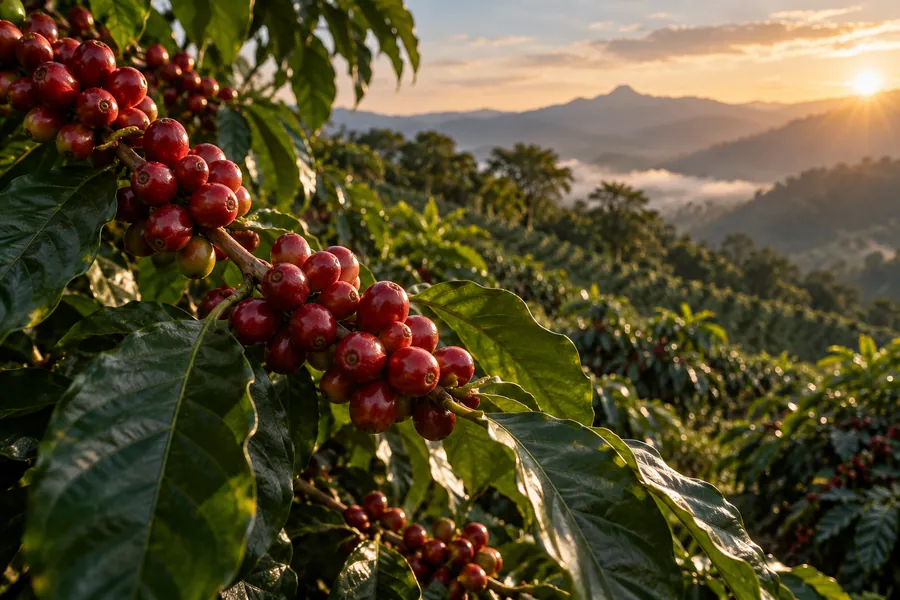Imagen ilustrativa de cerezas de café maduras en un paisaje montañoso